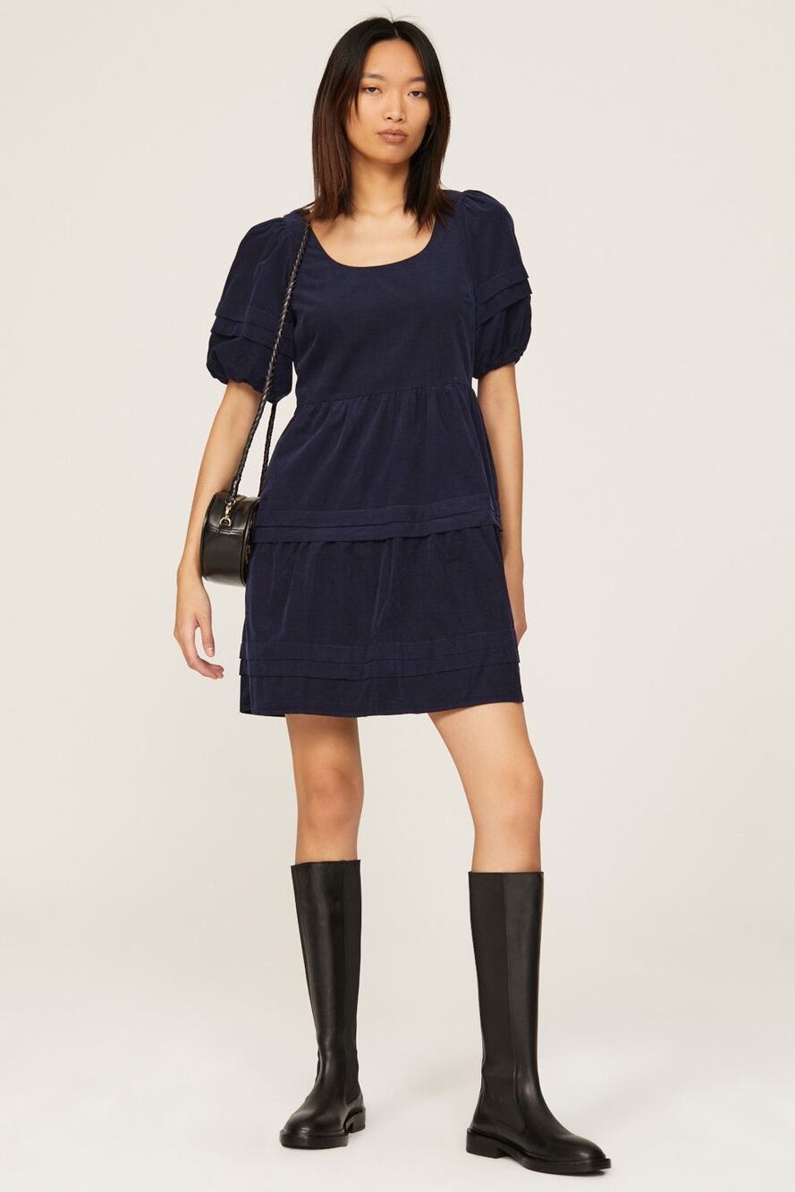 Madewell Navy Blue Corduroy Puff Sleeve Scoop Neck A-Line Mini Dress Size Medium